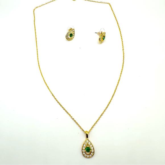 Gold Green Necklace Earring Set Lot 2 Bridal Formal Evening Shiny Teardrop - Picture 1 of 7